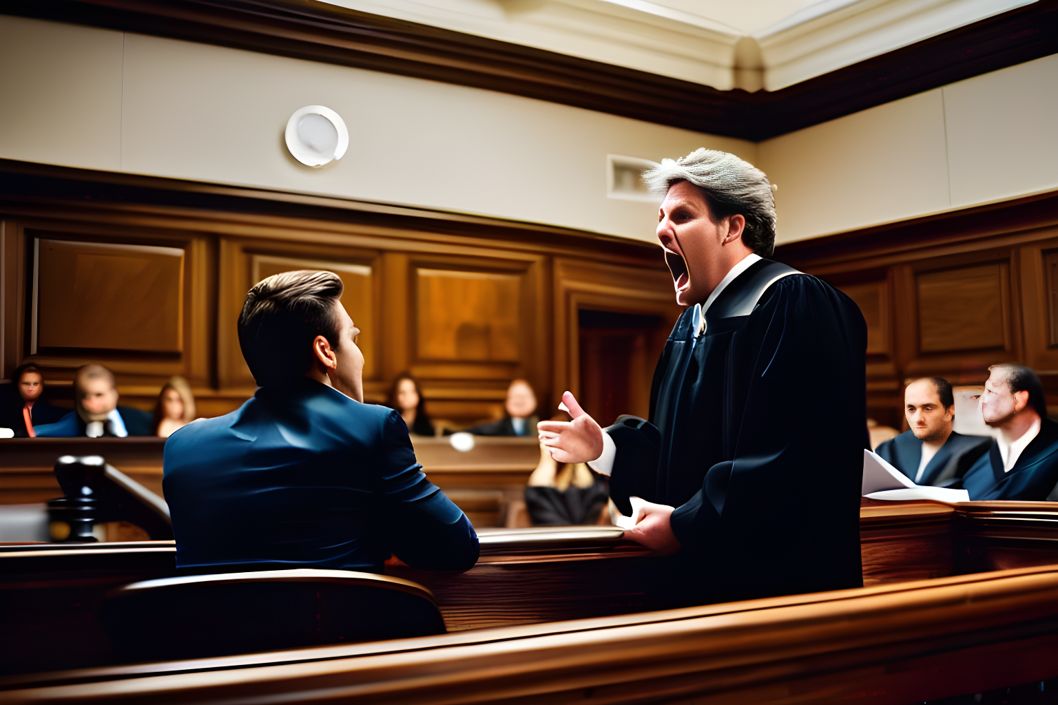 Breathtaking photograph of a lawyer arguing passionately in court