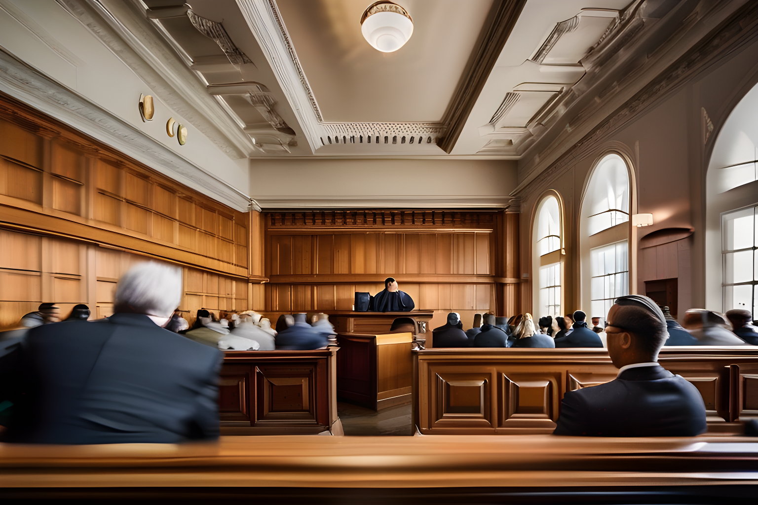 Breathtaking photograph of a lawyer in a courtroom, many people in the background