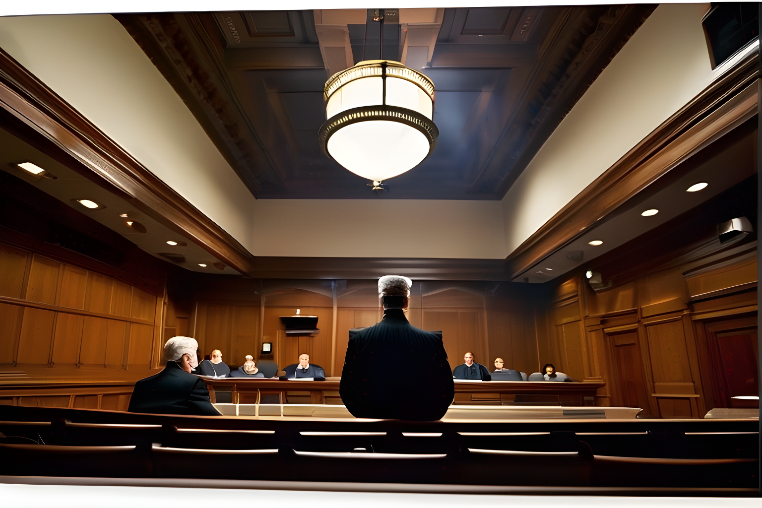 breathtaking photograph of a lawyer in a courtroom, presiding judge and jury in the background.