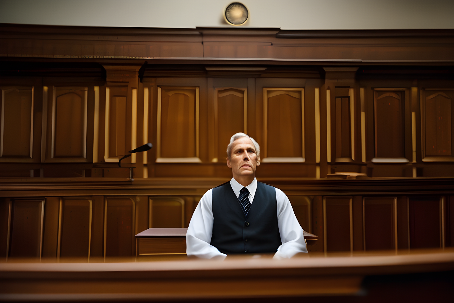 Breathtaking photograph of a man in the witness stand of a court room, his right hand on his chest.