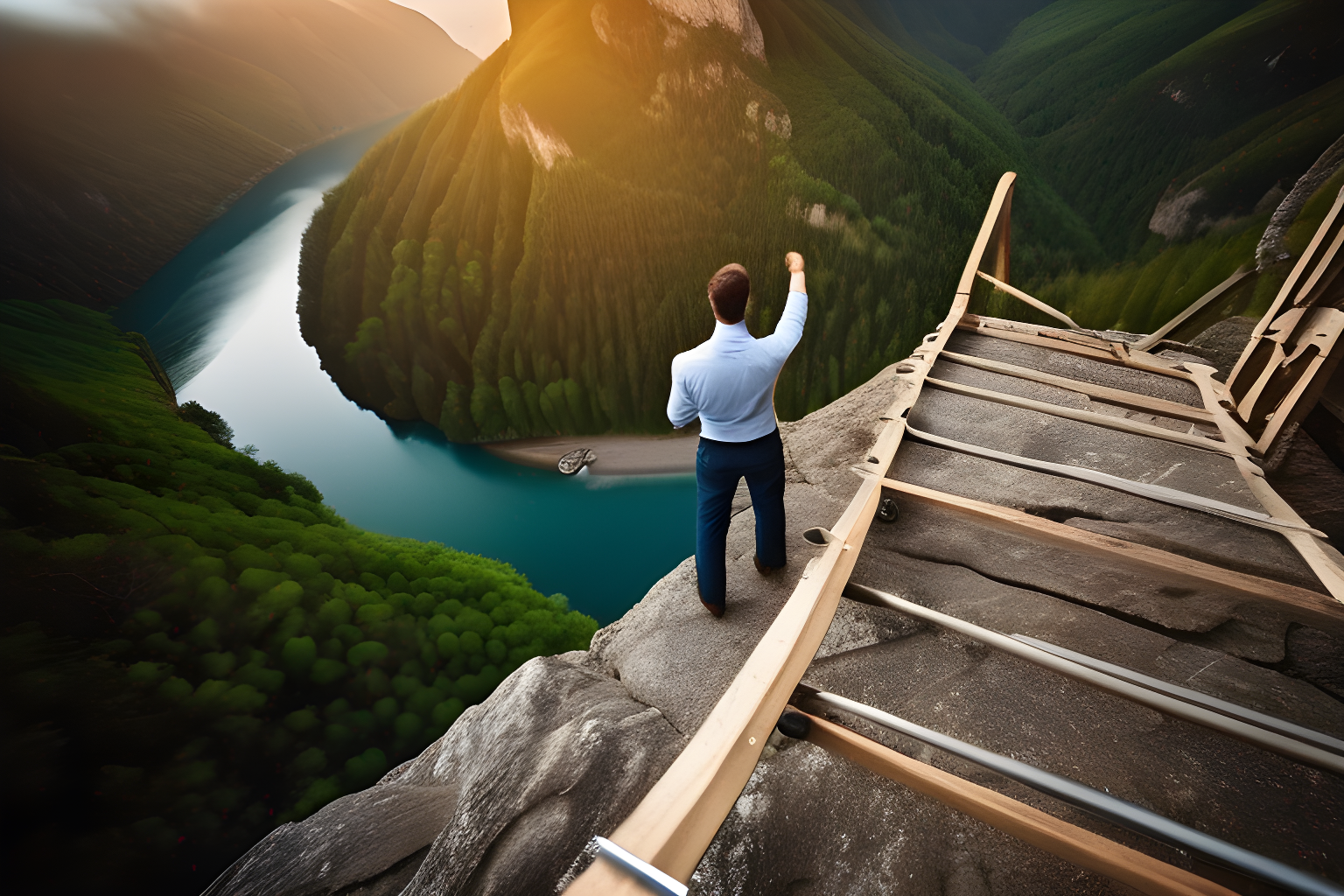 Breathtaking photograph of a man standing near the edge of a cliff and forcefully throwing a ladder off the precipice. award-winning, professional, highly detailed.