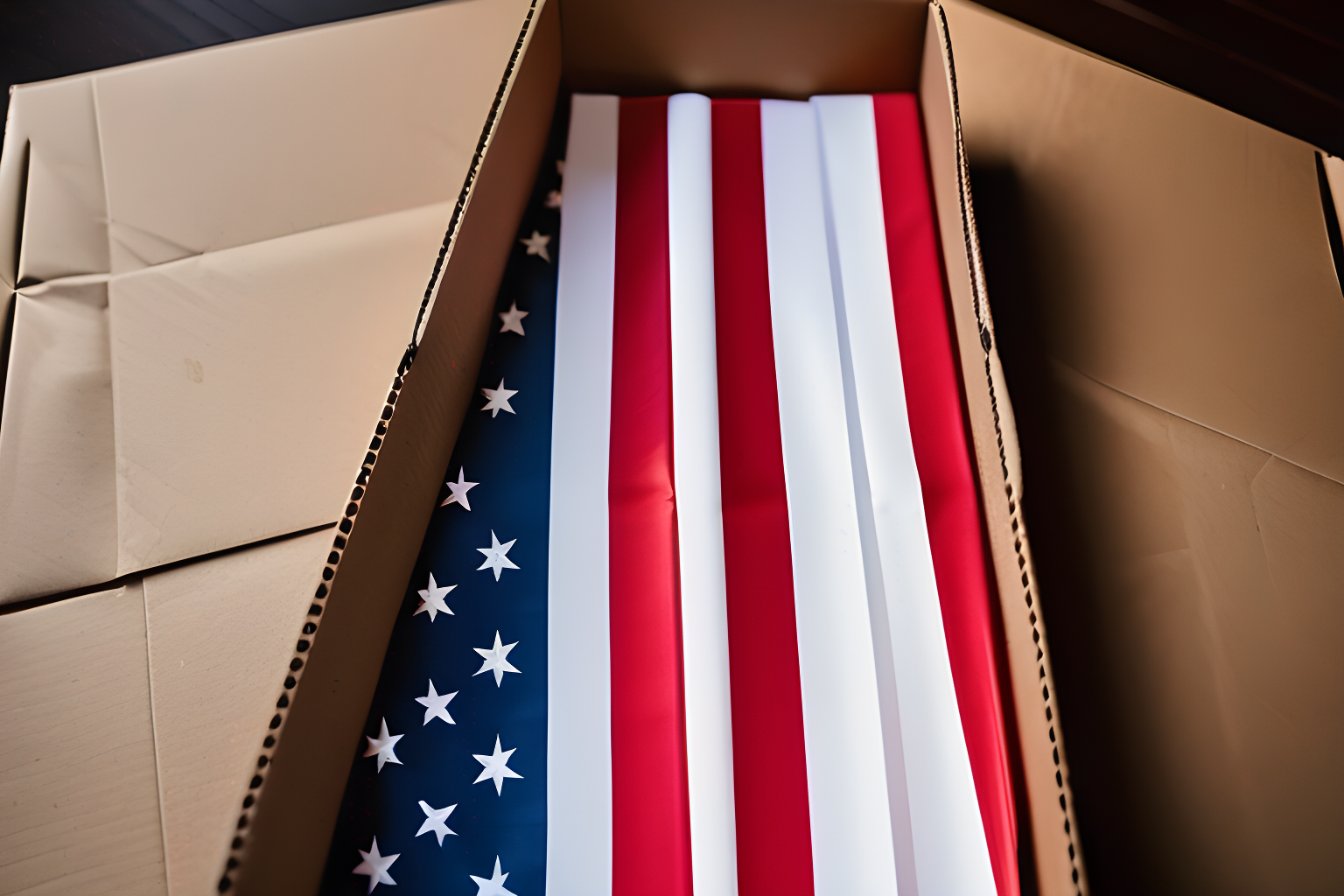 Breathtaking photograph of a neatly folded U.S flag in an amazon packaging box.