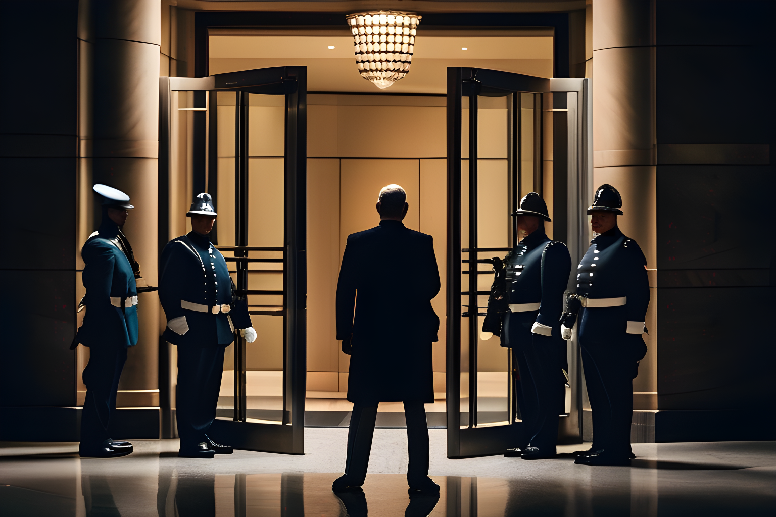 Breathtaking photograph of a restricted man, held back by guards from leaving a hotel building. award-winning, professional, highly detailed