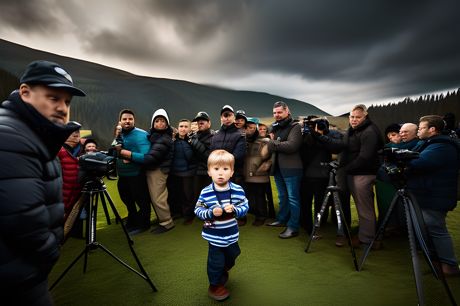 Breathtaking photograph of a scared child surrounded by the men with cameras.