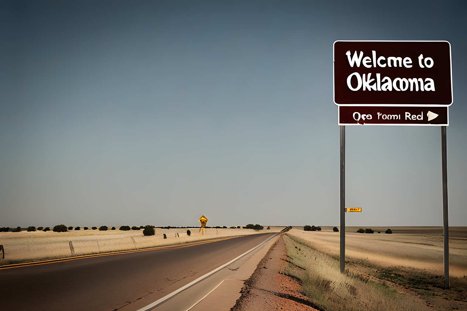 Breathtaking photograph of a sign that reads "welcome to Oklahoma", open road in the background.’