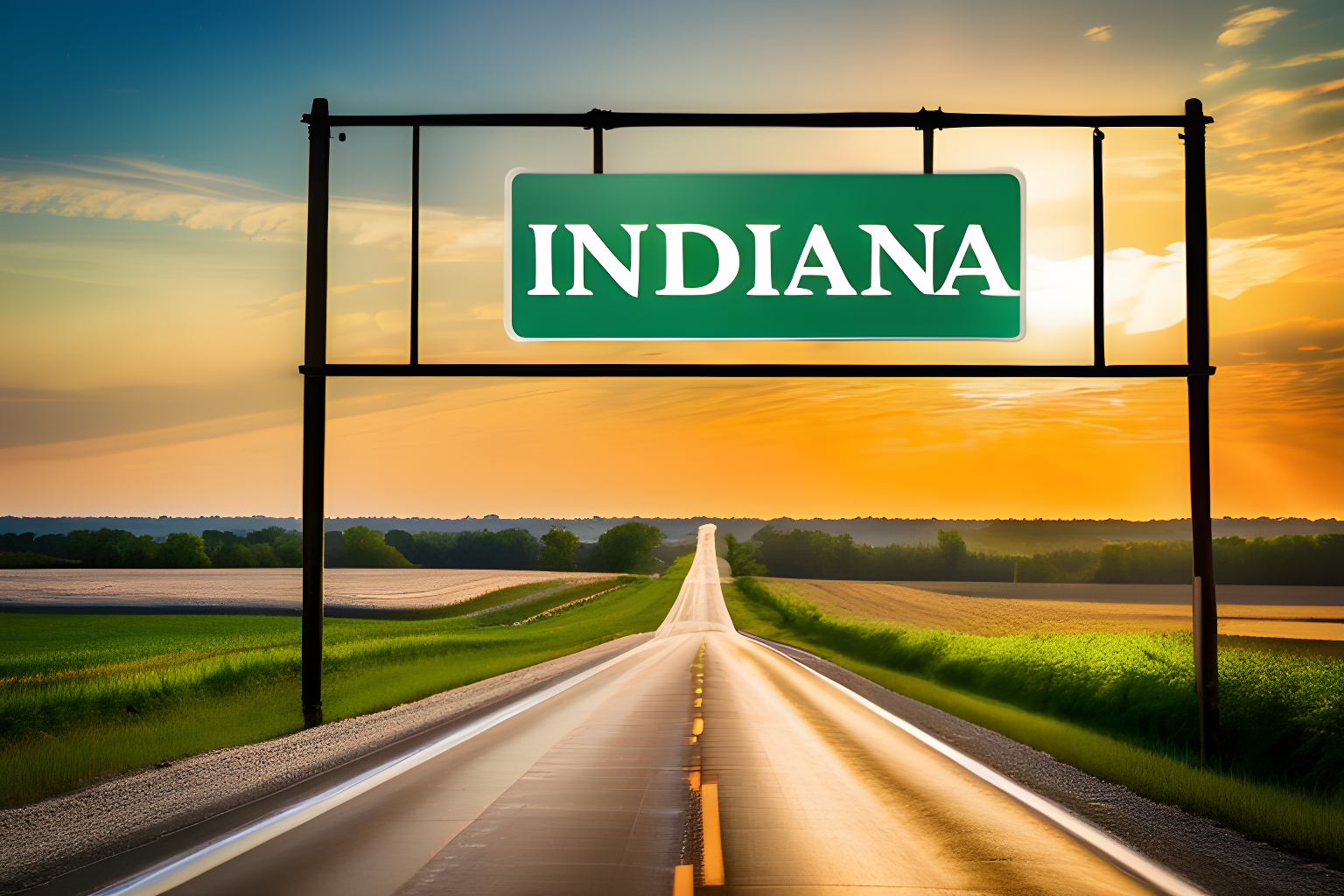 Breathtaking photograph of a "welcome to Indiana" sign (emphasis on the correct spelling), open road in the background.