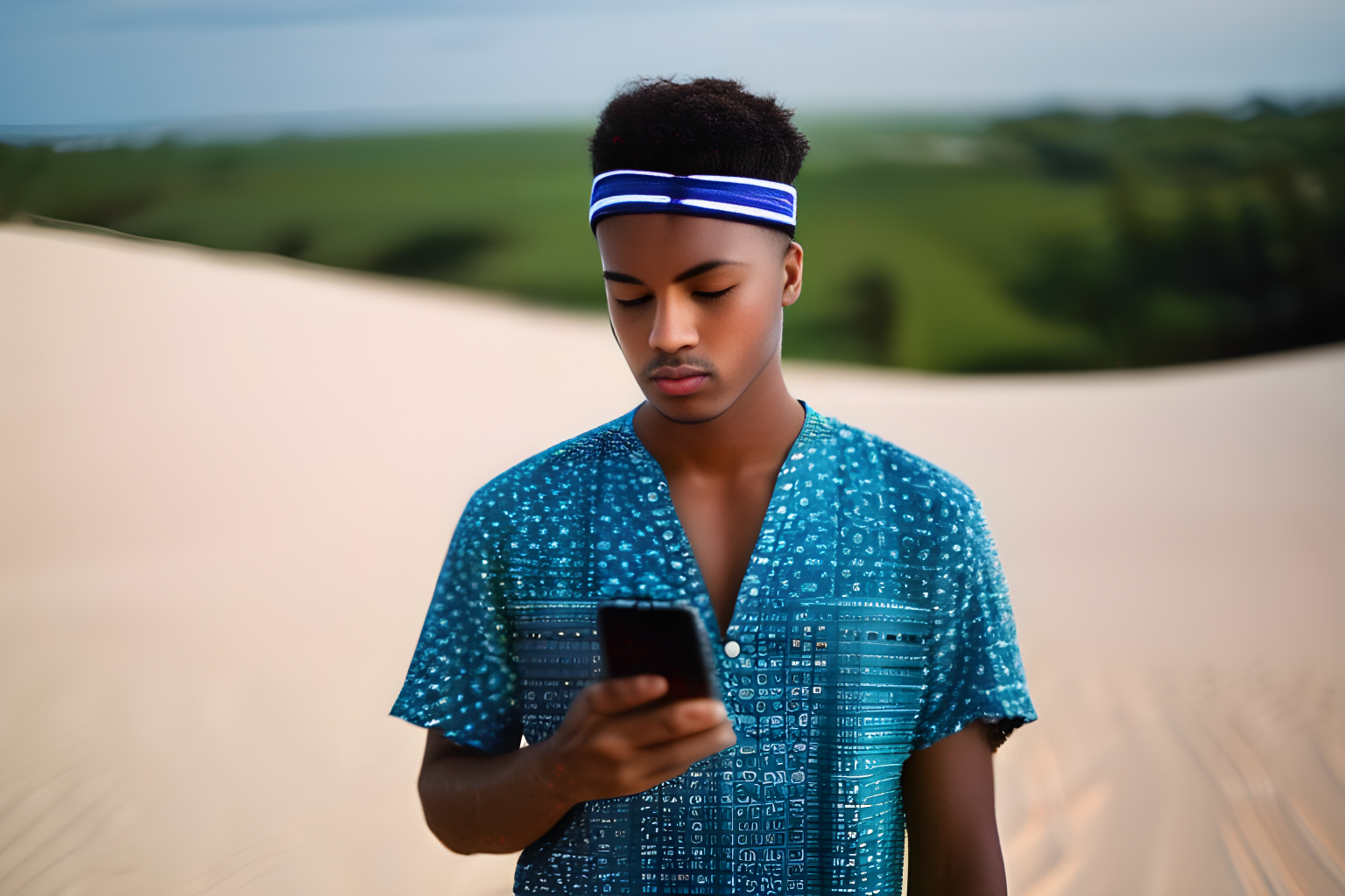 breathtaking photograph of a young man with a phone attached to his forehead