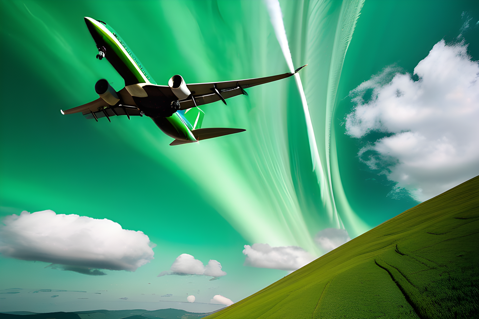 breathtaking photograph of an aircraft flying through a Green Sky