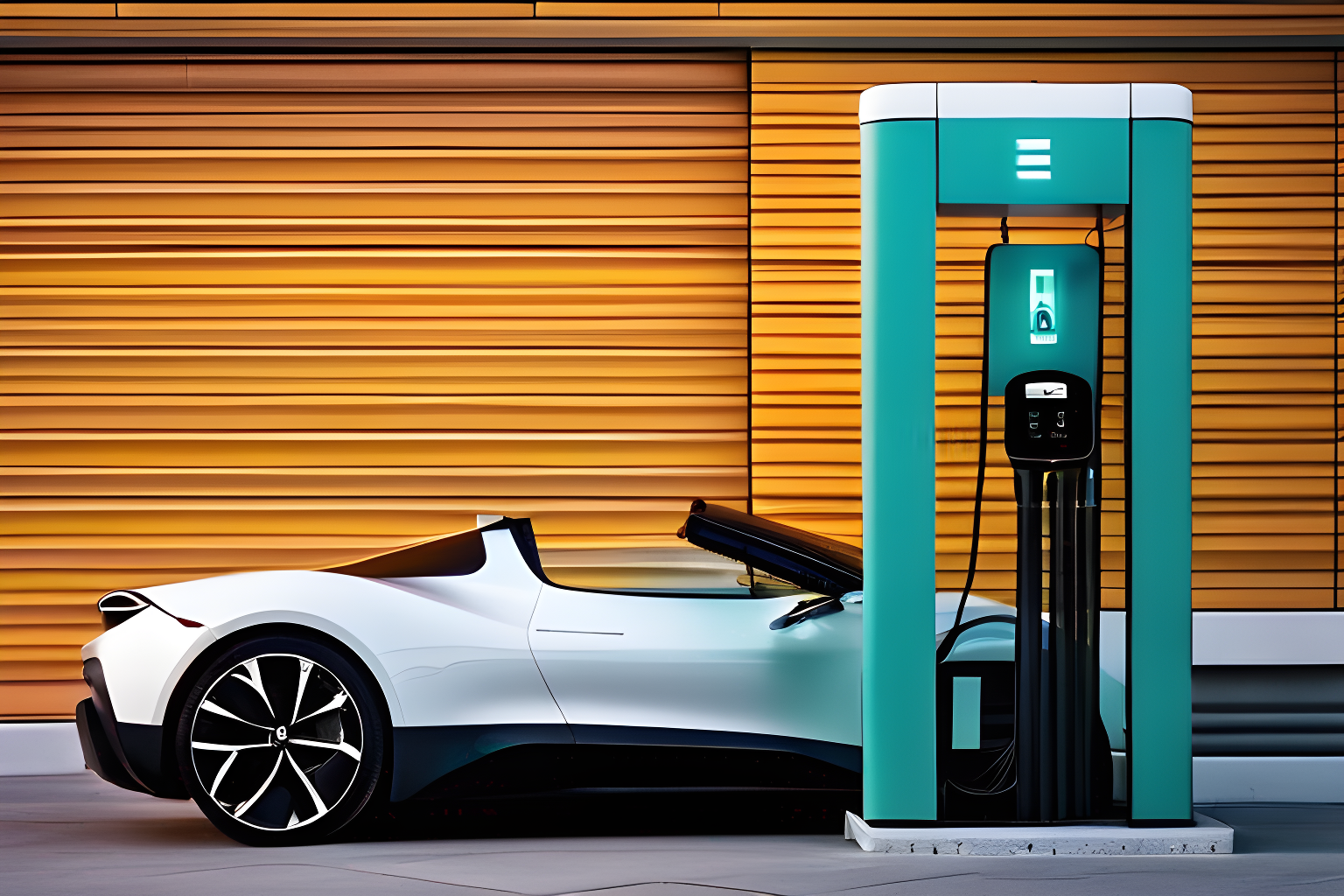 Breathtaking photograph of an electric vehicle connected to a charging station.