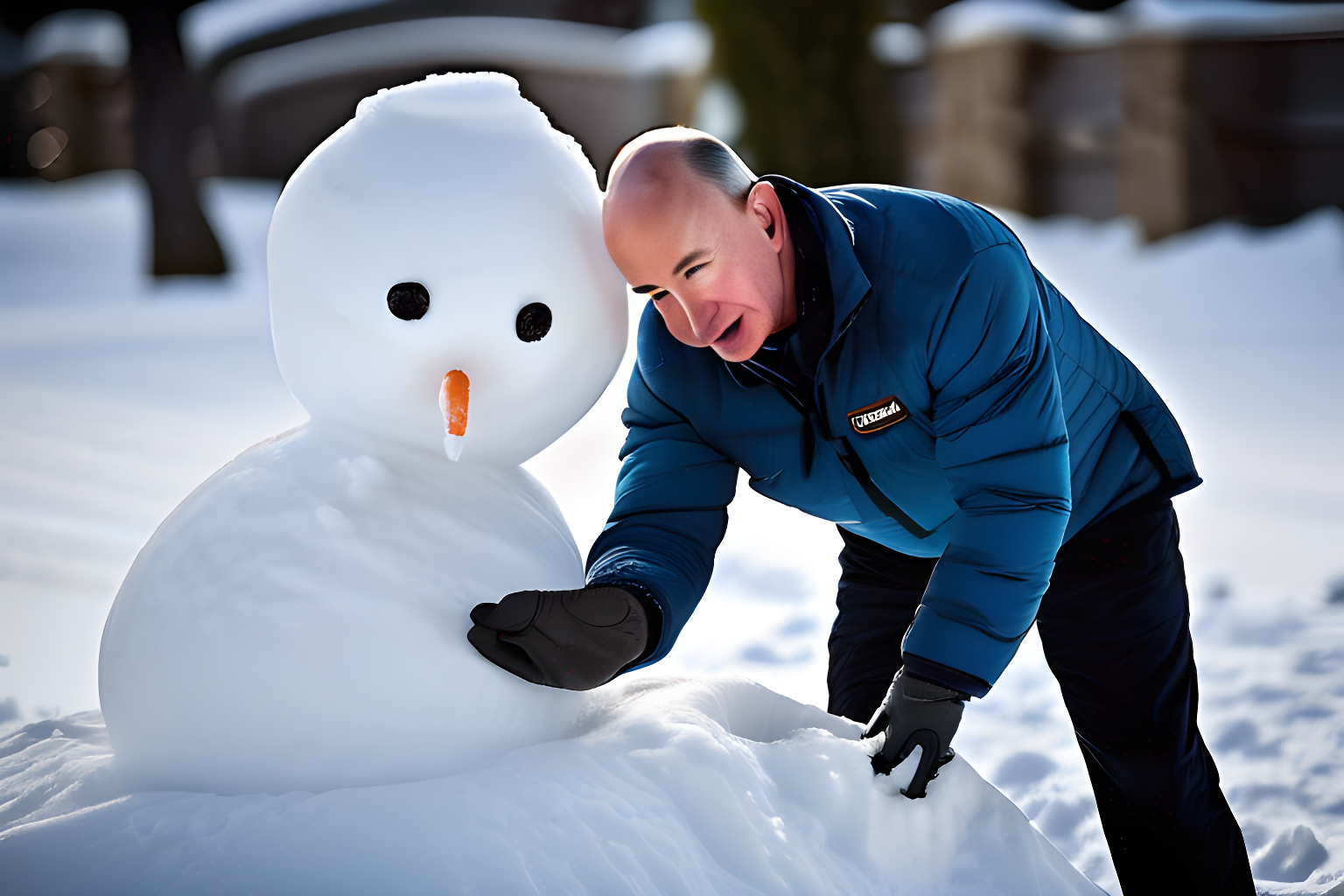 Breathtaking photograph of Jeff Bezos building a snowman. award-winning, professional, highly detailed.