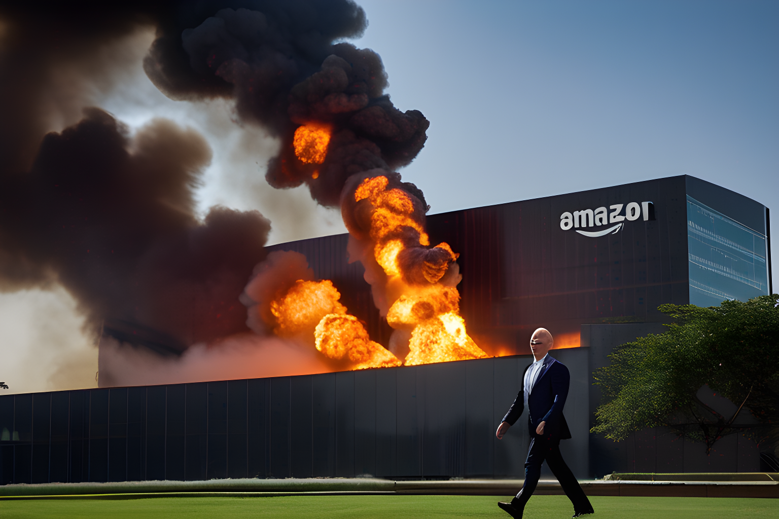 Breathtaking photograph of Jeff Bezos, burning amazon building in the background.