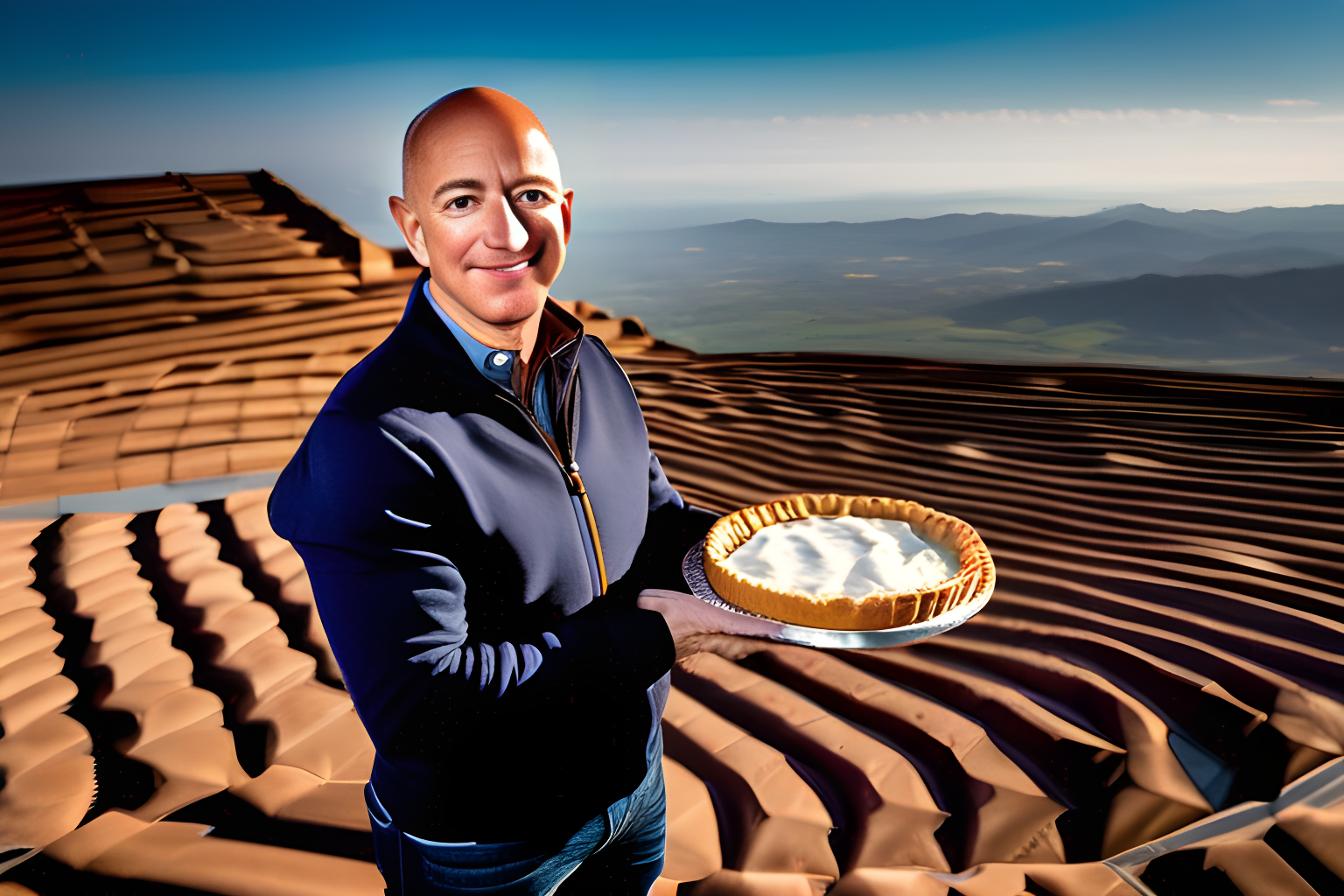 Breathtaking photograph of jeff bezos holding a pie.