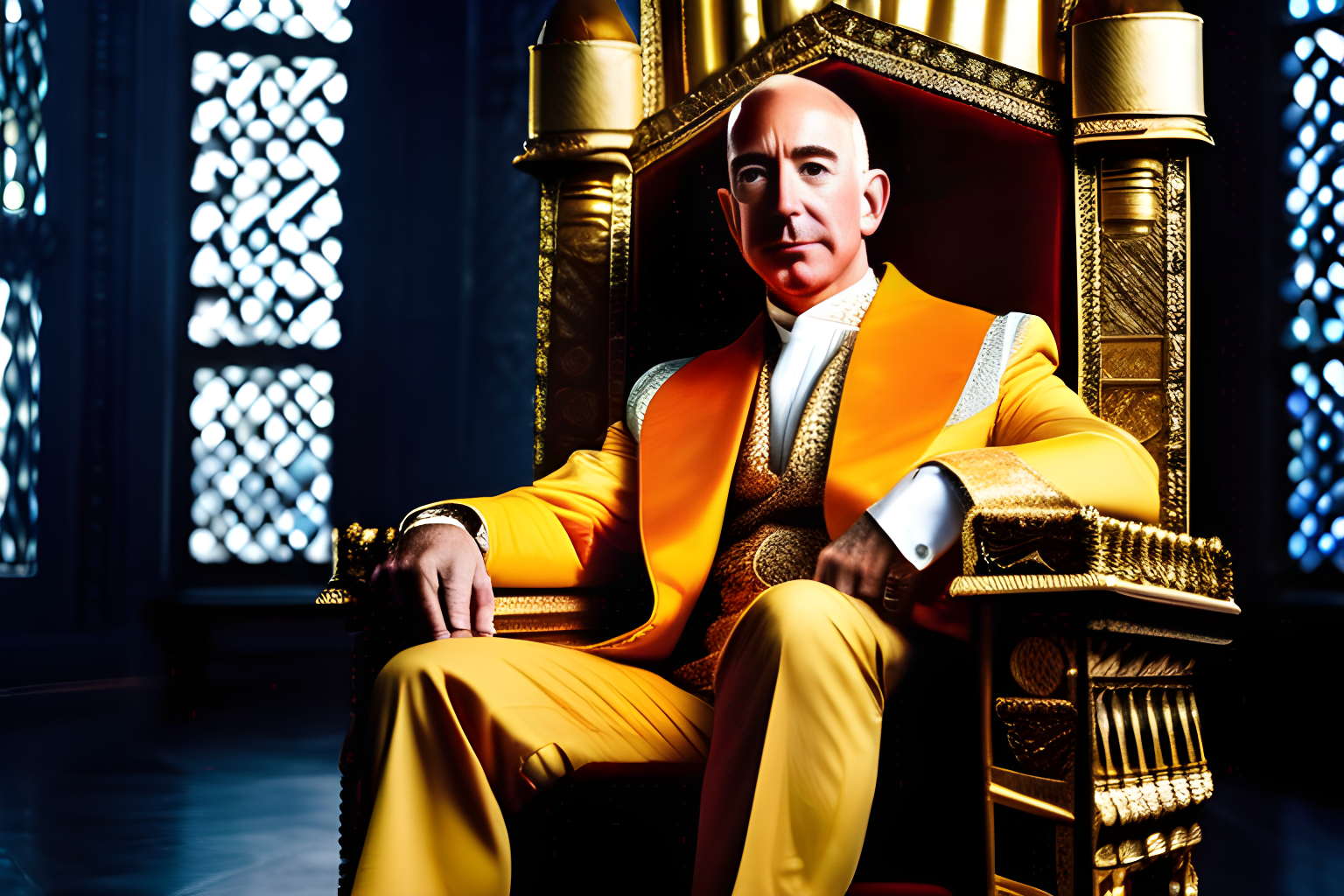 Breathtaking photograph of Jeff Bezos wearing a crown and sitting on a throne.