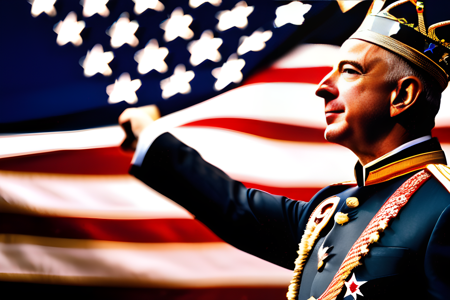 Breathtaking photograph of Jeff Bezos, wearing a crown, holding the U.S flag.