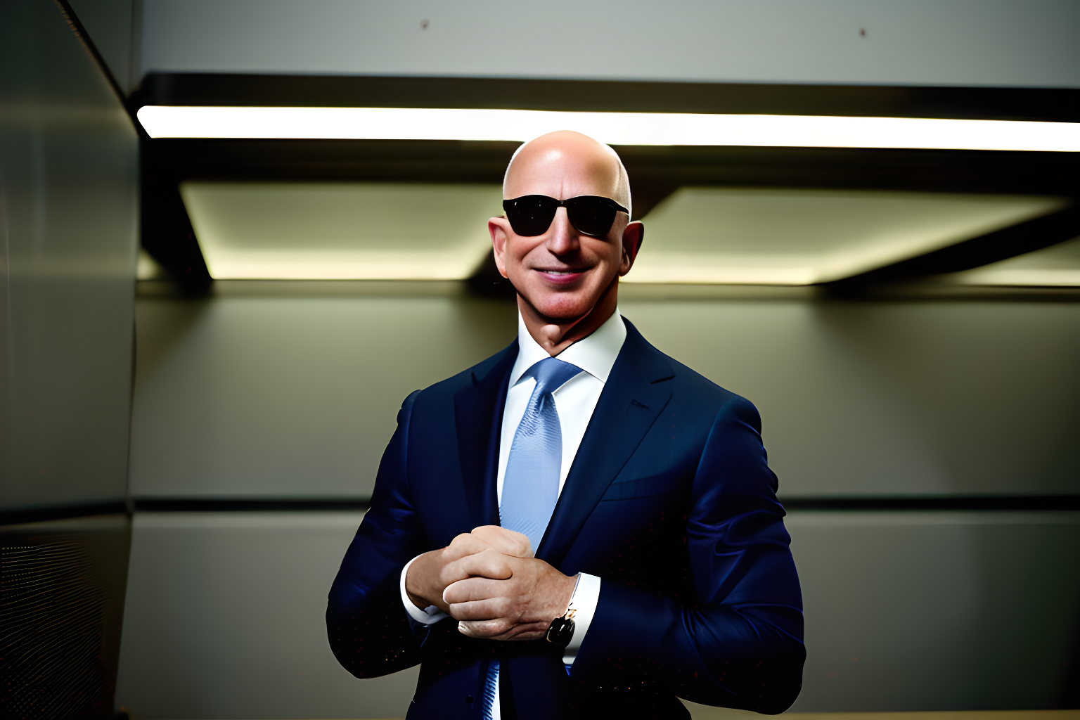 Breathtaking photograph of Jeff Bezos wearing shades and looking smug. award-winning, professional, highly detailed.
