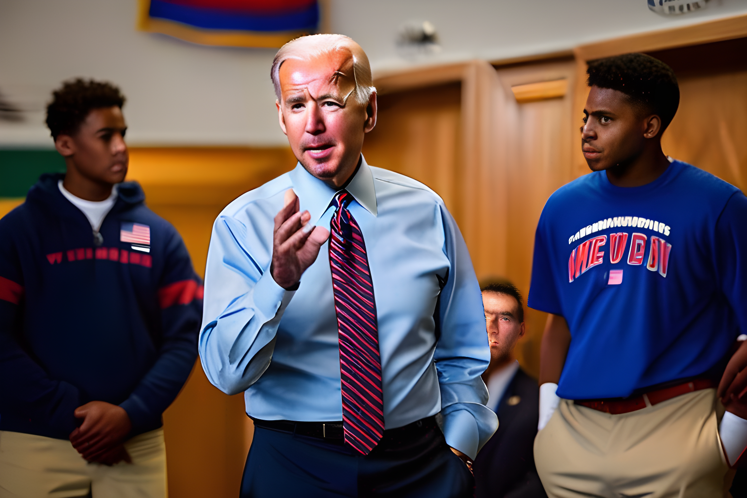 Breathtaking photograph of Joe Biden addressing a group of young men.