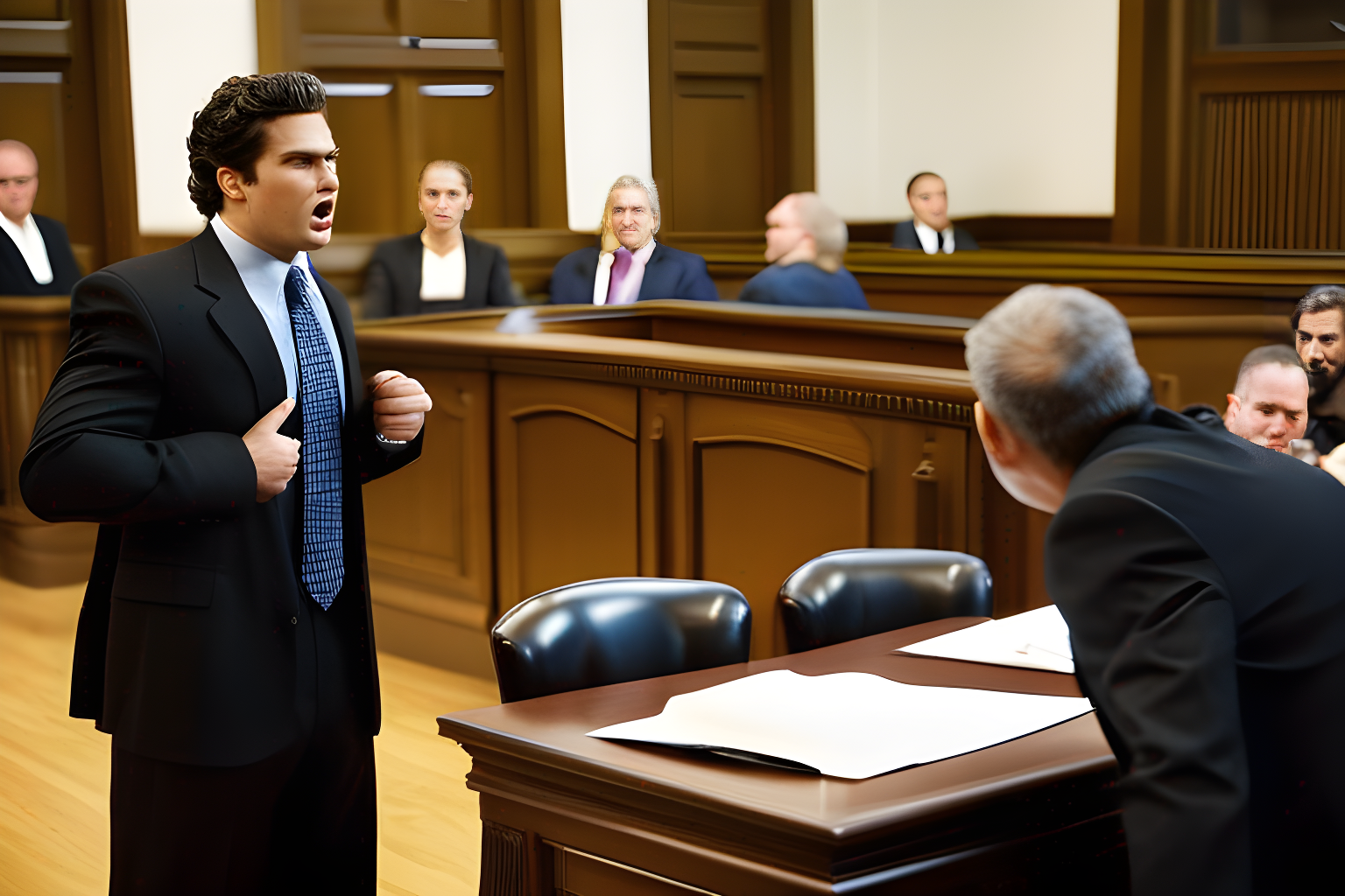 Breathtaking photograph of Lawyers arguing a case in a courtroom, jury in the background.