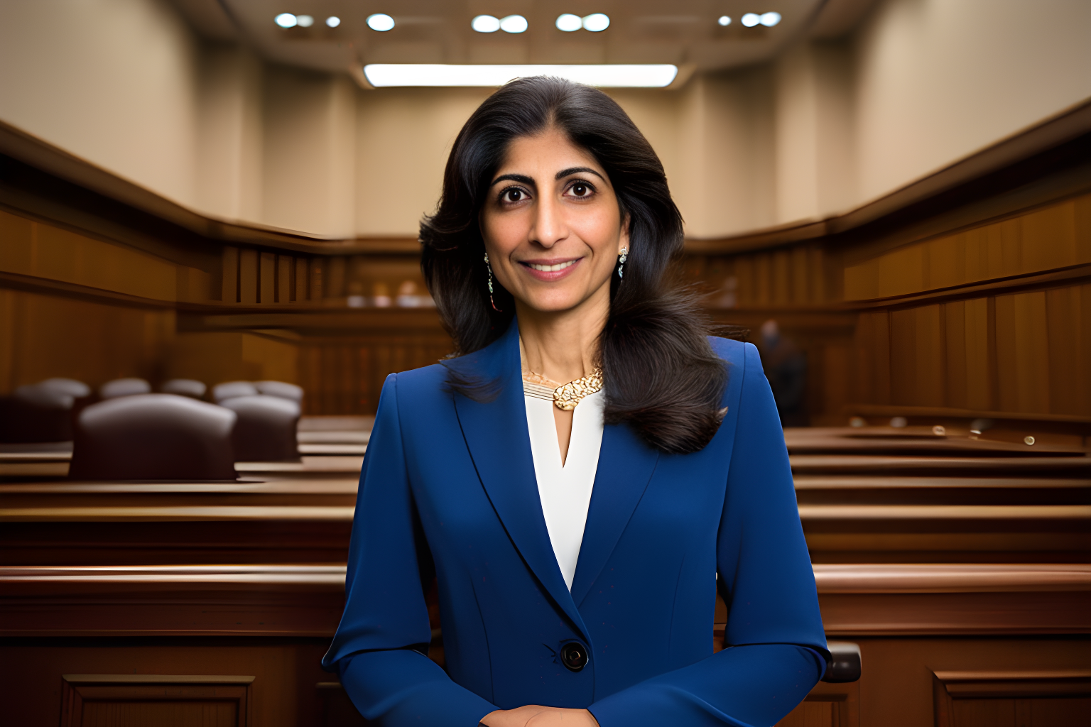 Breathtaking photograph of Lina Khan, FTC Chair, in a courtroom.award-winning, professional, highly detailed
