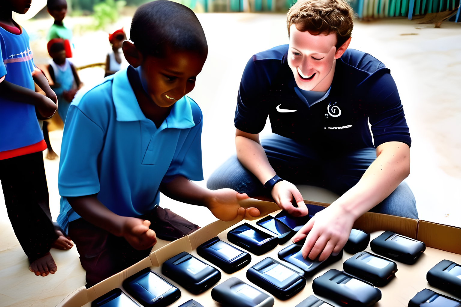 Breathtaking photograph of Mark Zuckerberg handing out phones to children. award winning