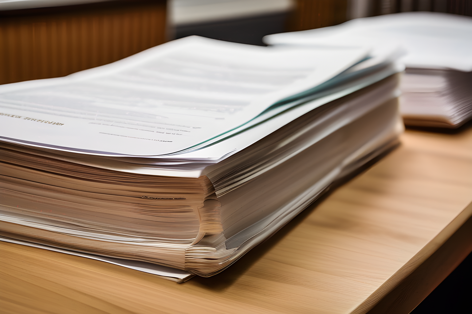 Breathtaking photographs of a stack of legal documents on a desk.