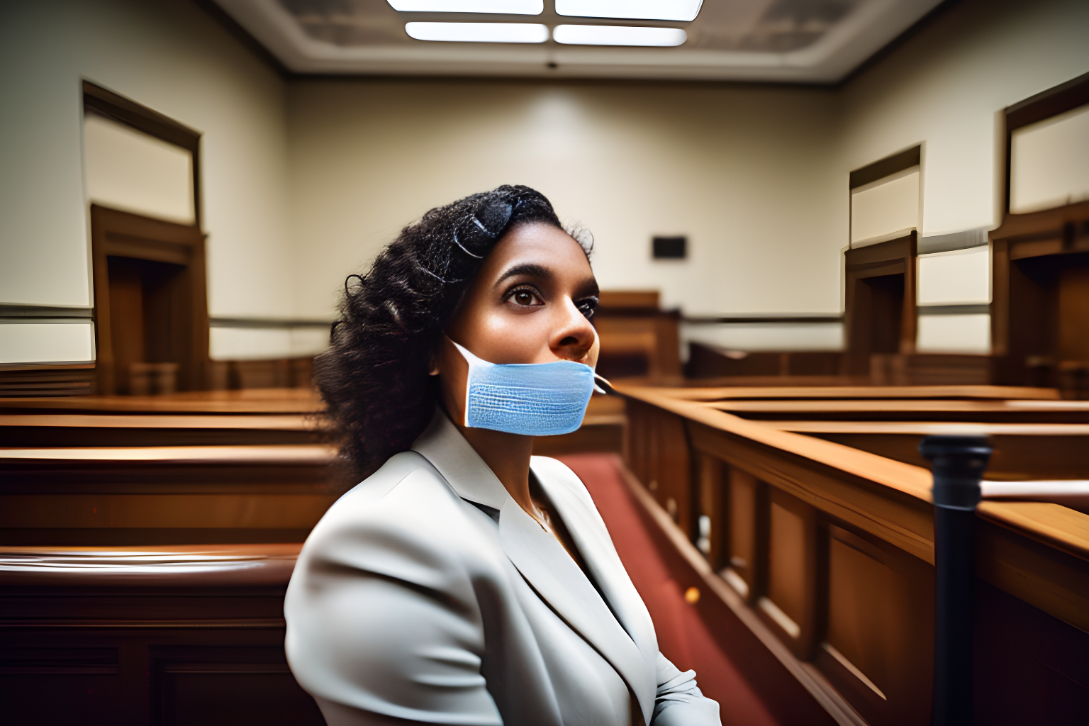 breathtaking selfie photograph of a woman in court, with a tape covering her mouth. award-winning, professional, highly detailed.