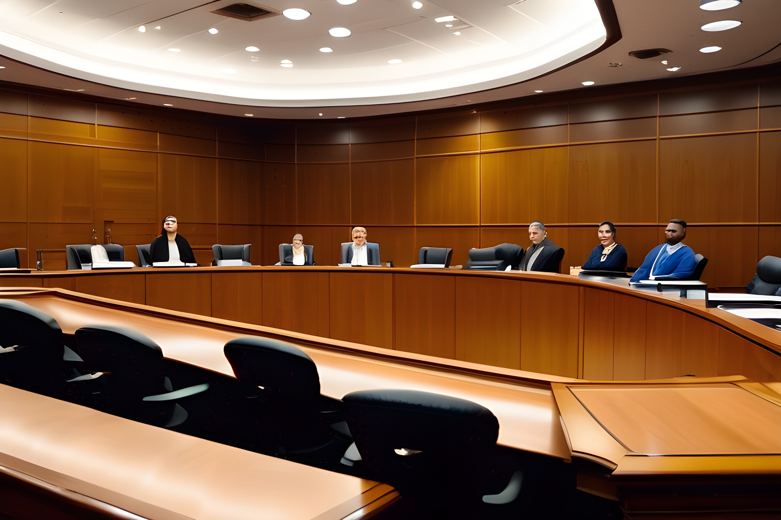 breathtaking wide-frame shot of a full courtroom, amazon reps present.