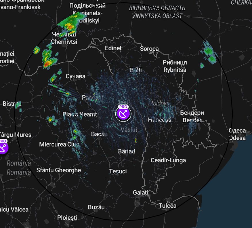 (Screenshot of ground noise from cities and no data just beyond the Carpathian Mountains)
