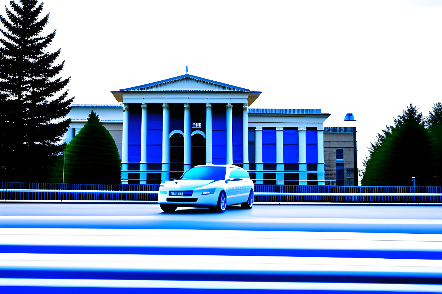 car speeding toward a courthouse