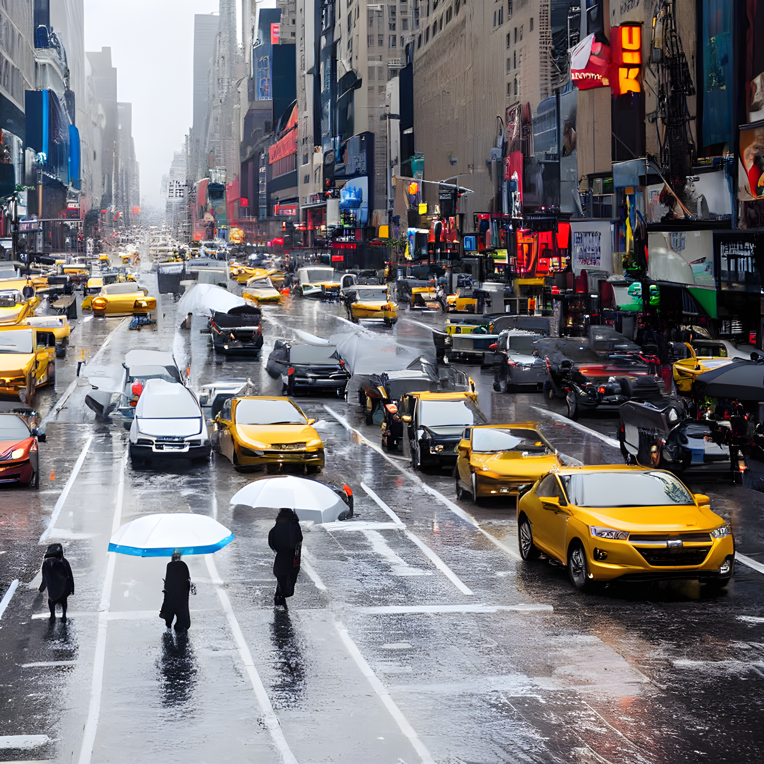 cars driven by robots and humans walking on the streets of new york on a rainy day with umbrellas