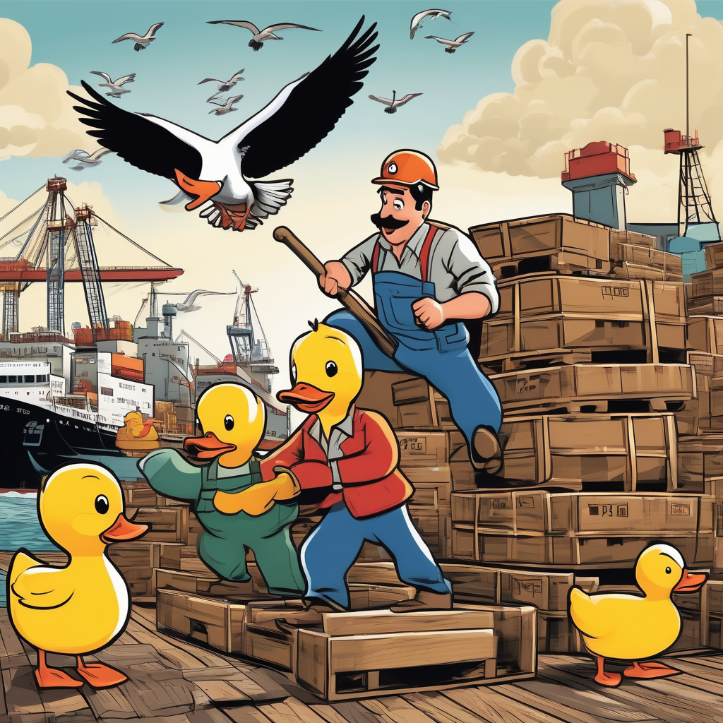 cartoon of dock workers unloading a cargo ship, with exaggerated expressions and playful antics. One worker is balancing precariously on a stack of crates, another is using a forklift to lift a giant rubber duck, and a third is tangled in ropes. The background shows the bustling port with seagulls f
