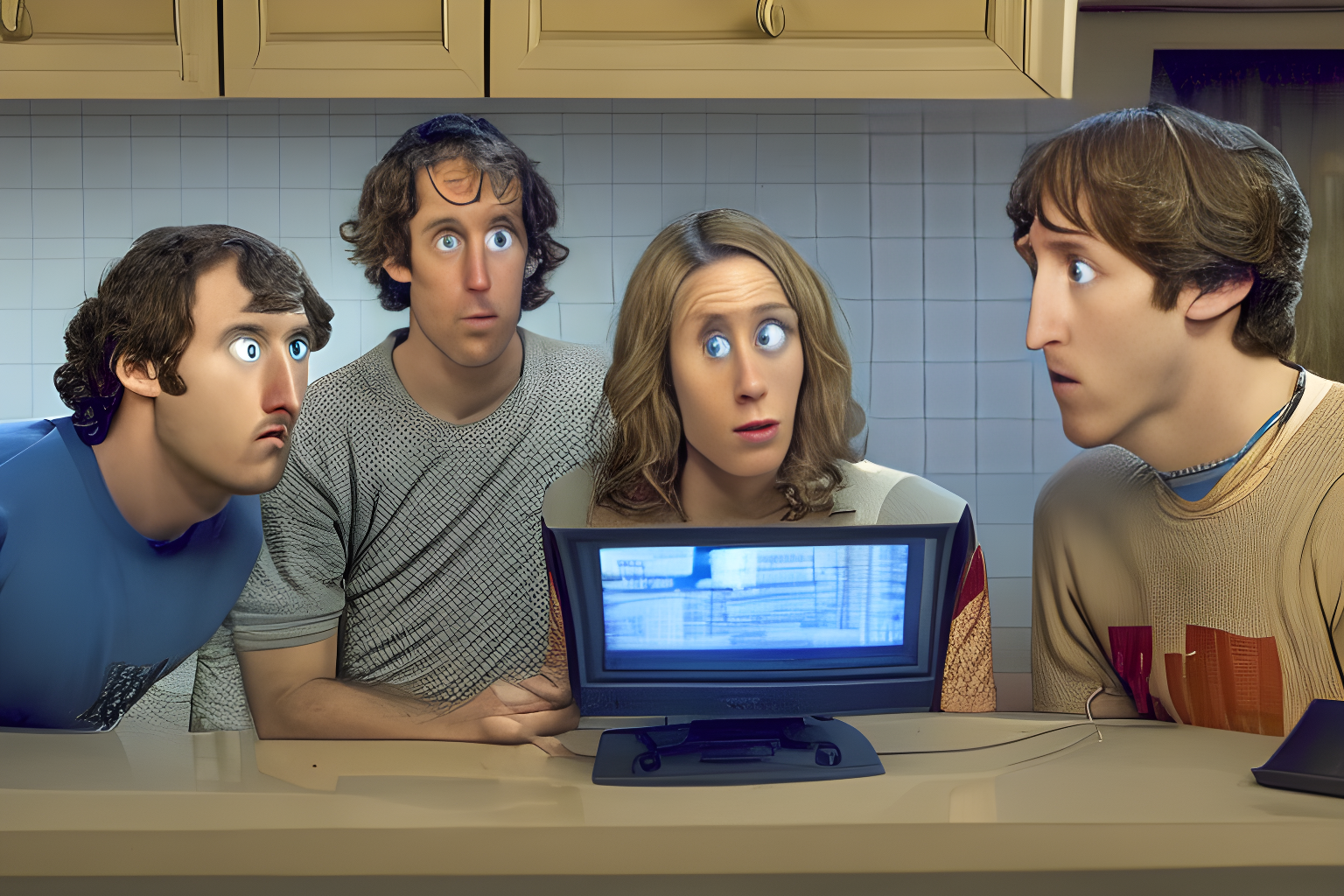 Cast of HBO sitcom Silicon Valley staring at a monitor screen in their kitchen