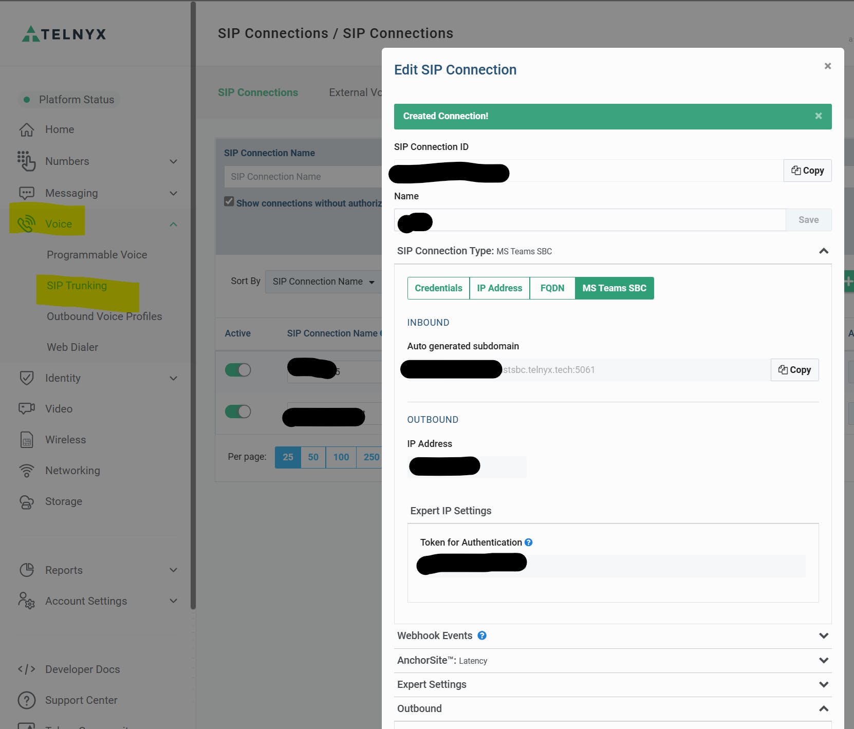 Create new SIP Connection