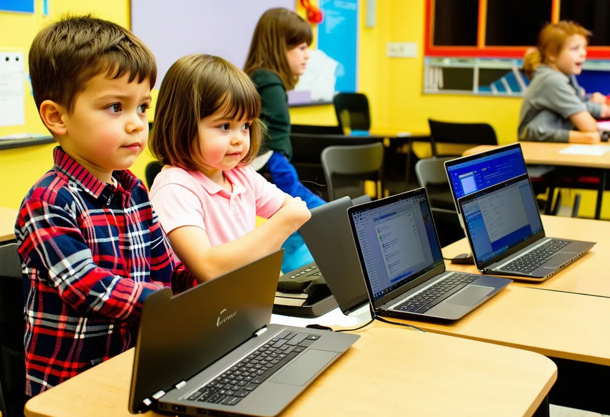 children using laptops in a classroom