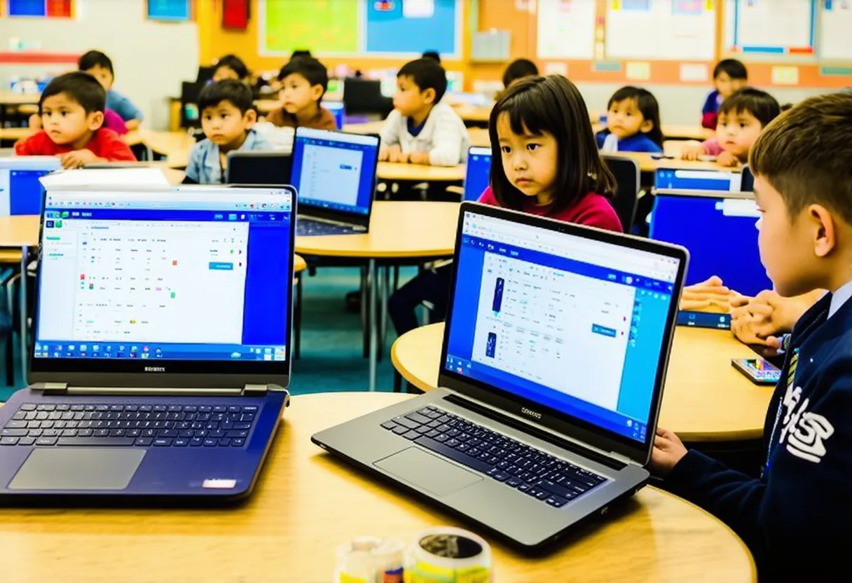 children using laptops in a classroom