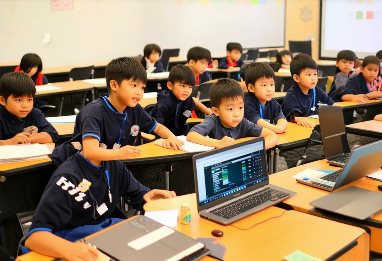 children using laptops in a classroom