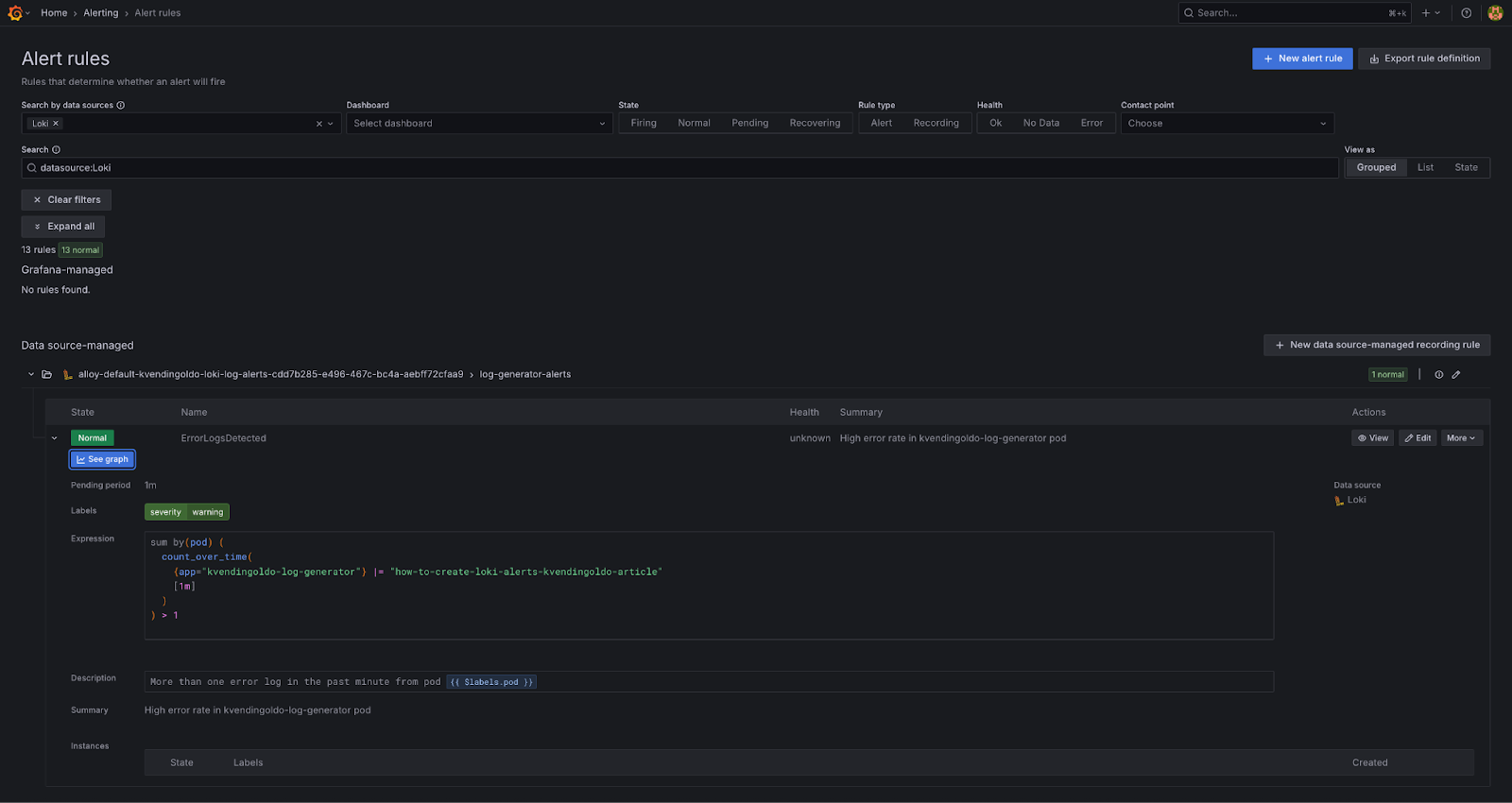 Grafana UI with Loki alert