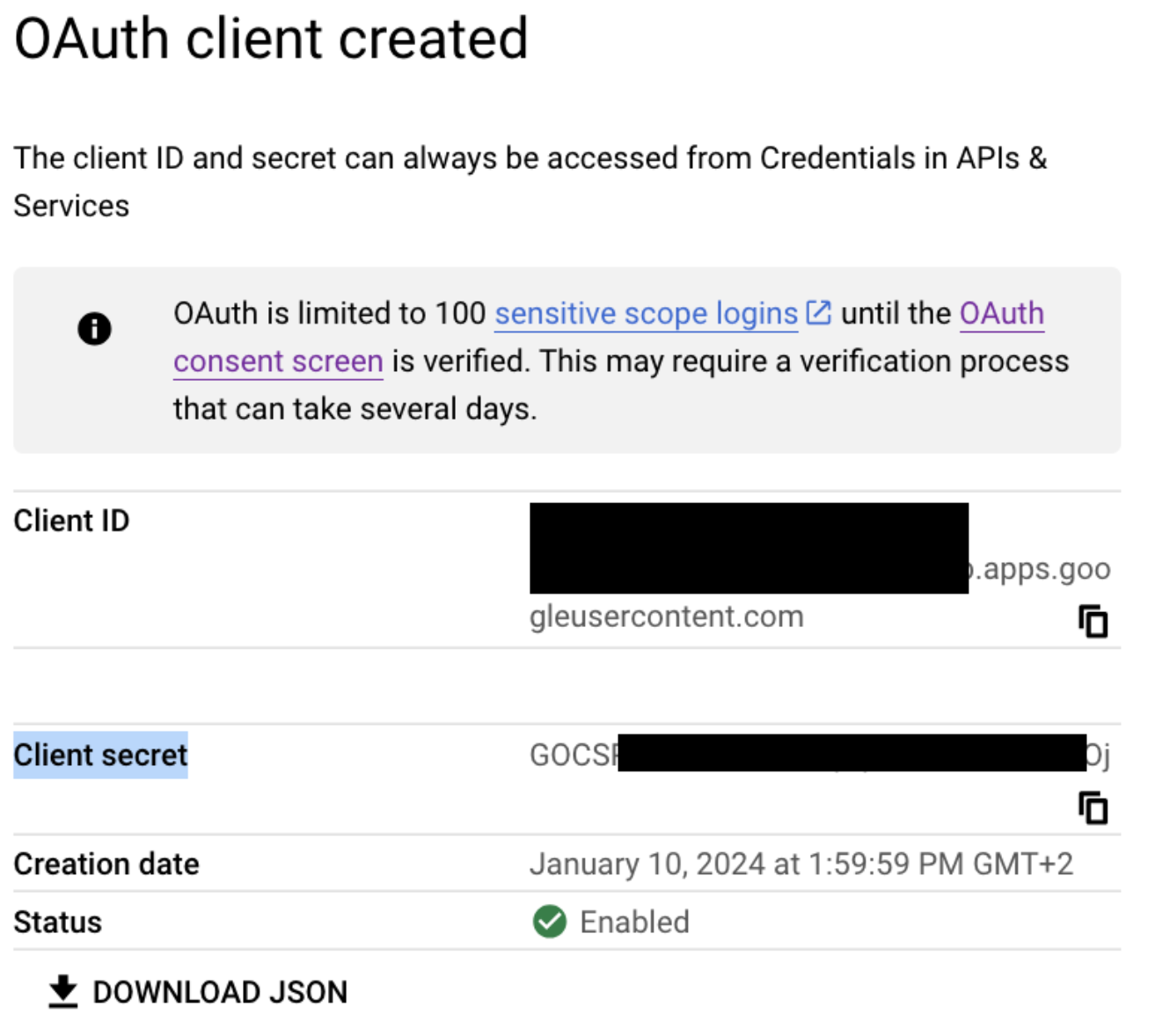 Created OAuth client secret