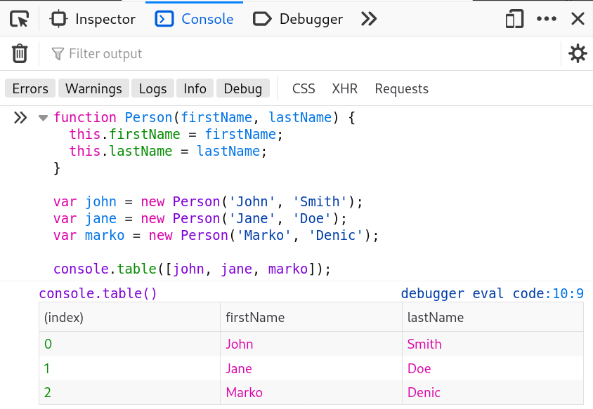 console.table()