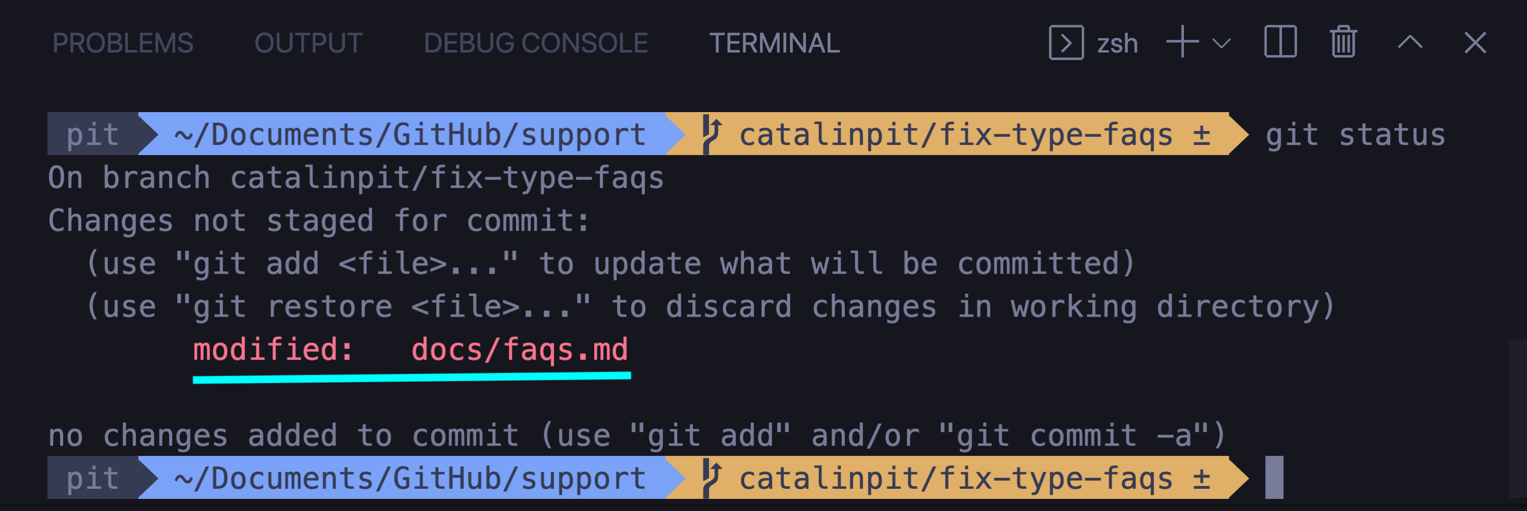 Git status output from the terminal