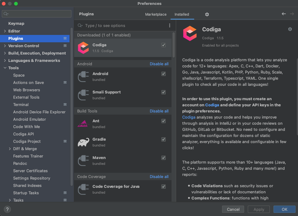 The Codiga Coding Assistant is available directly in the JetBrains marketplace