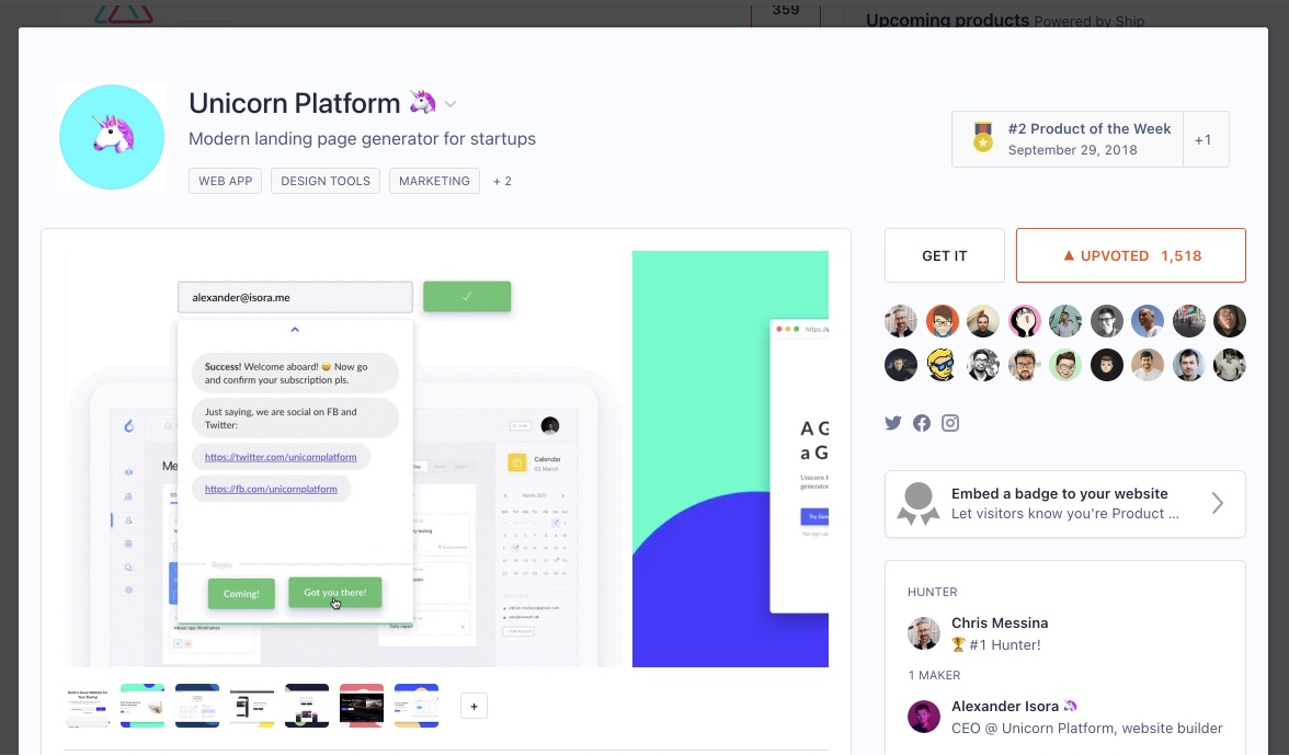 Unicorn Platform on Product Hunt.