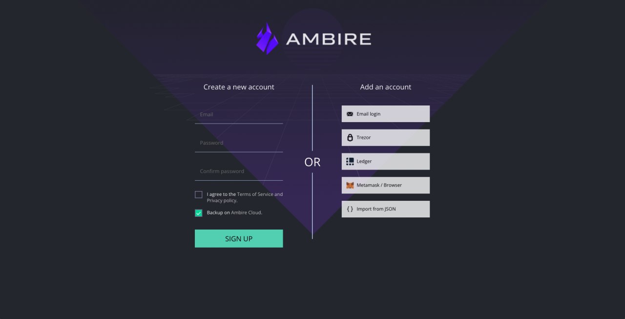 Экран регистрации Ambire, позволяющий зарегистрироваться по электронной почте или подключиться к Metamask/HW Wallet.
