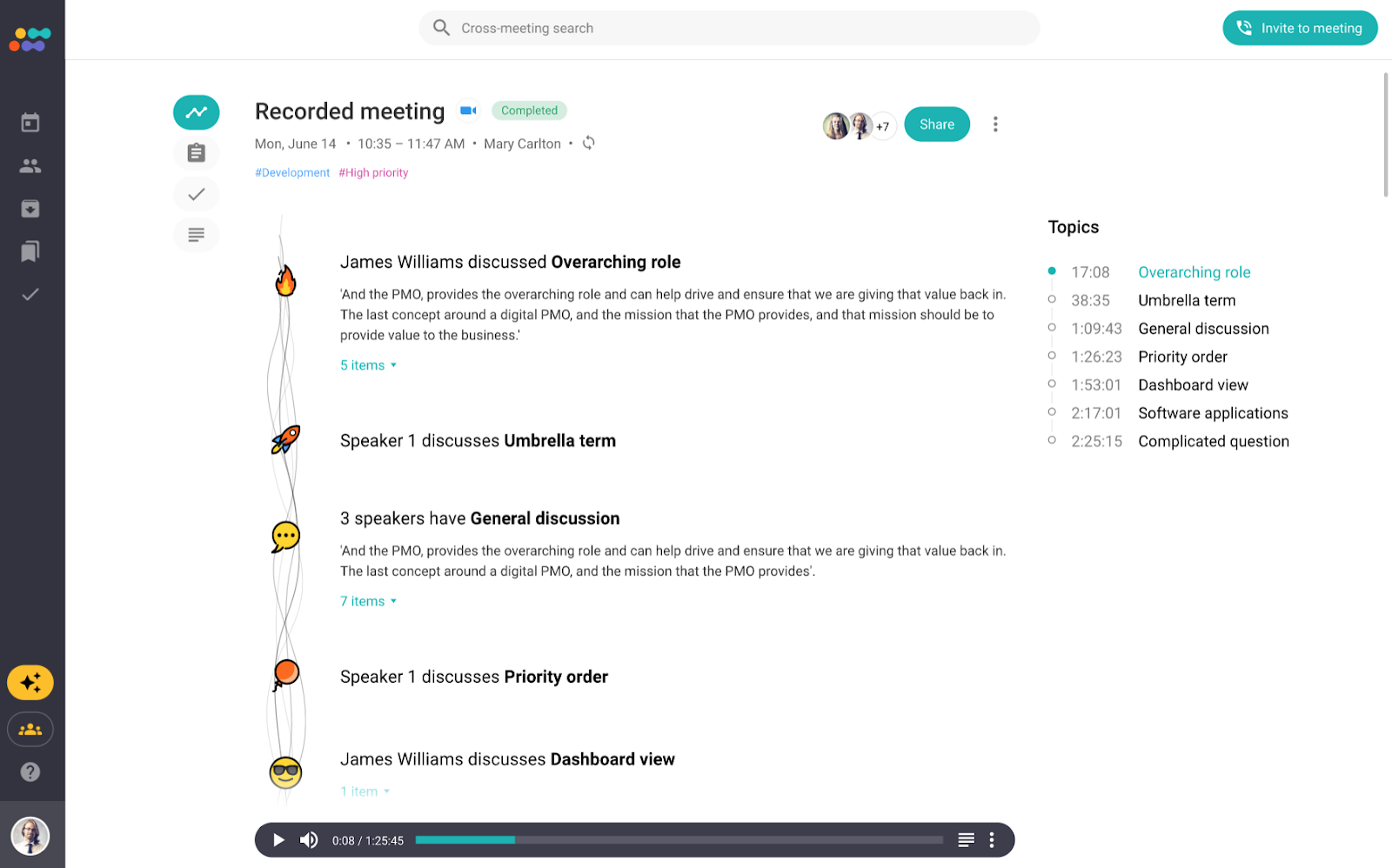 Smart meeting summaries with discussed topics and their details