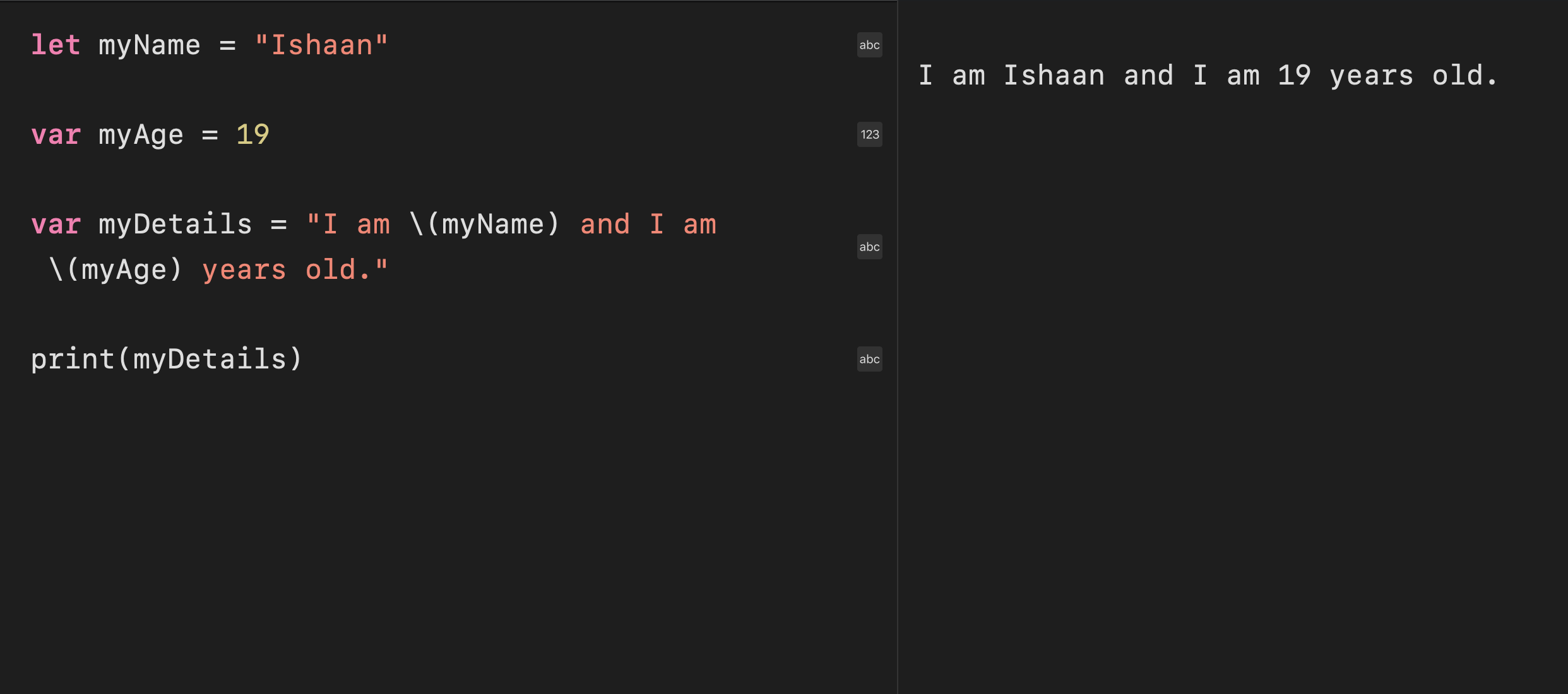 Screenshot showing string interpolation example.