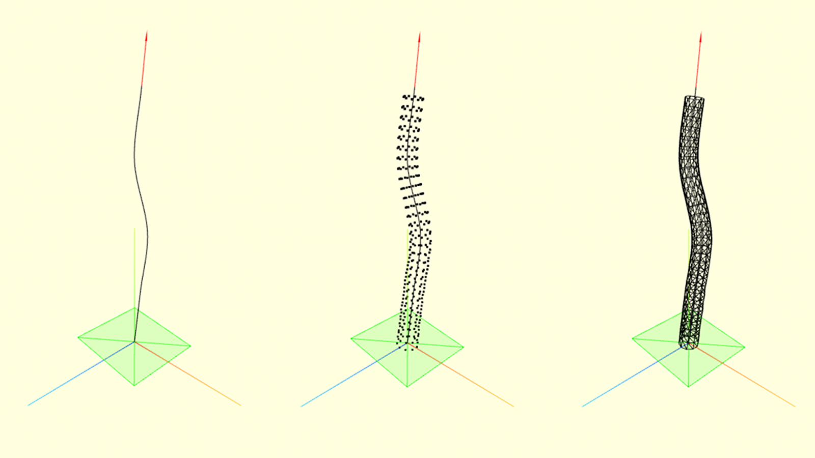 Stages of a stipe generation: spline, vertices, faces