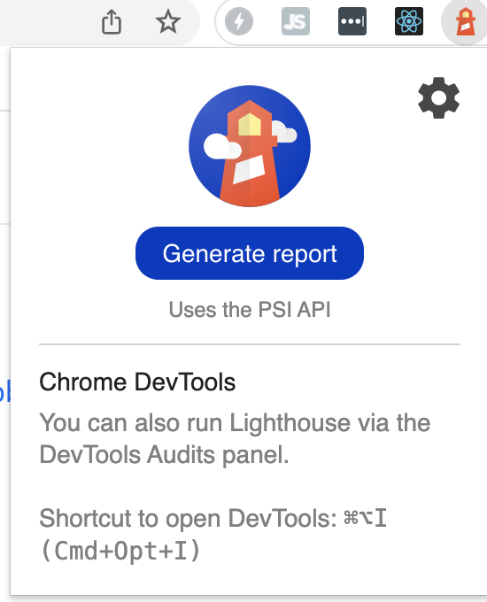Screenshot of “Generate report” Lighthouse tooltip