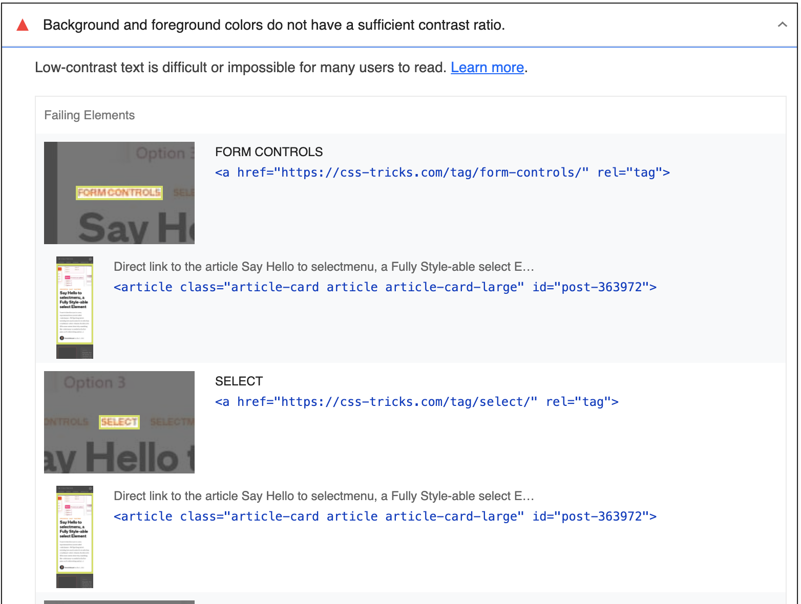 Screenshot of “Background and foreground colors do not have a sufficient contrast ratio” error shown on Lighthouse audit