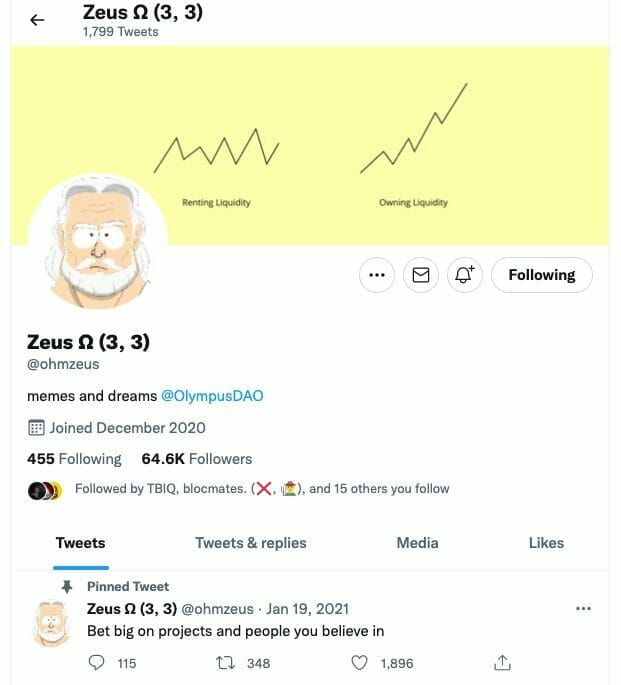 Screenshot from Olympus DAO's founder's twitter account showing the (3,3) meme in use.