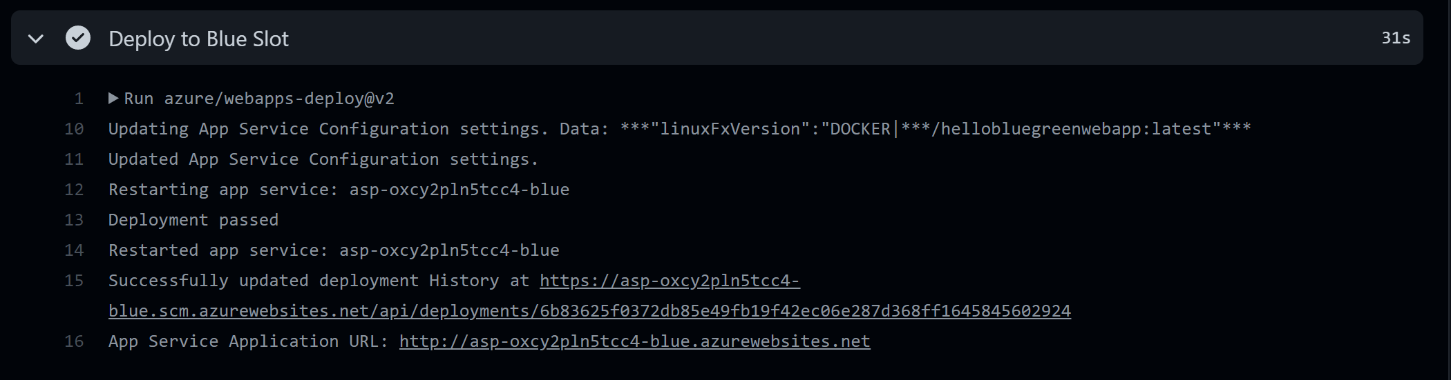 Действие GitHub показывает URL-адрес синего слота