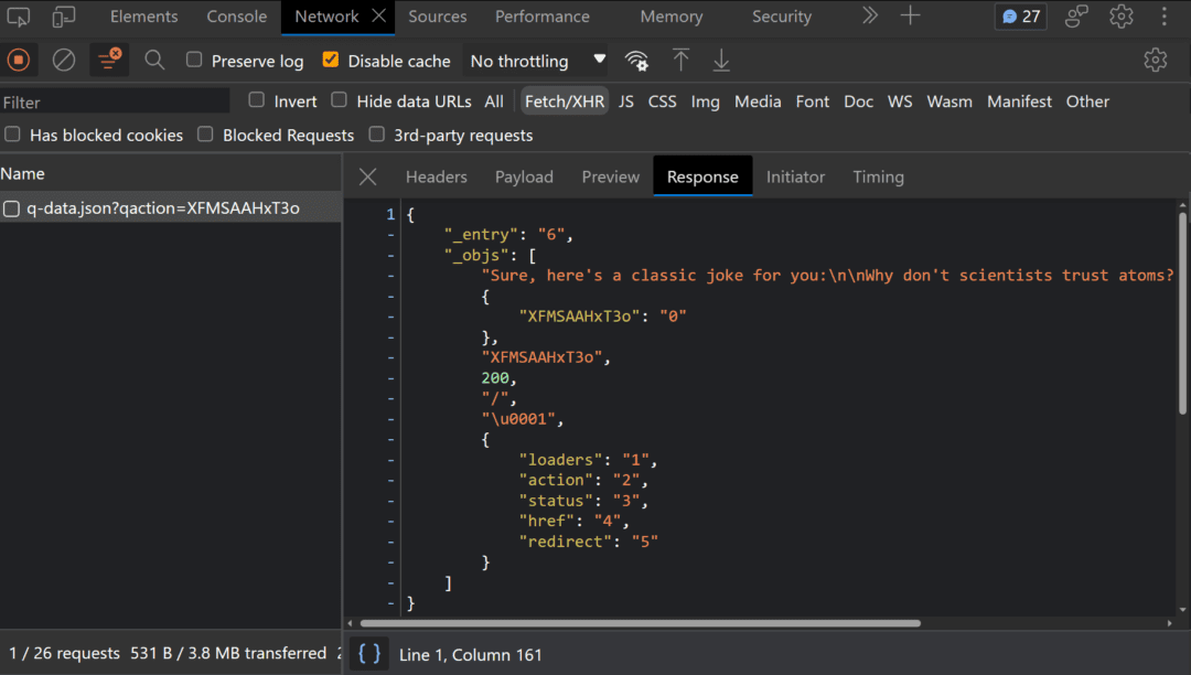 Screenshot of Chrome devtools Network tab with a serialized response from the Qwik backend
